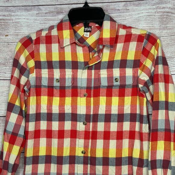 Tea Collection Long Sleeve Button Down Multi Colored Flannel Shirt Size 12 - Picture 6 of 10